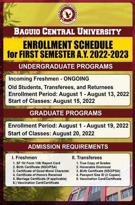baguio central university admission 2024 2025|ENROLLMENT SCHEDULE FOR 1ST SEMESTER A.Y. 2023.